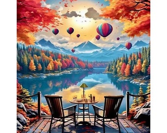 Balloons filled Sky Lake Scenery Acrylic Paint By Numbers for Adults on Canvas