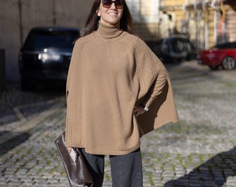 Luxury Cashmere Poncho, Caramel Cashmere Knit Cape for Women