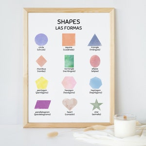 Cartel educativo de formas bilingües, decoración del aula preescolar, cartel Montessori, decoración de la sala de juegos para niños, impresión de formas geométricas, arte infantil