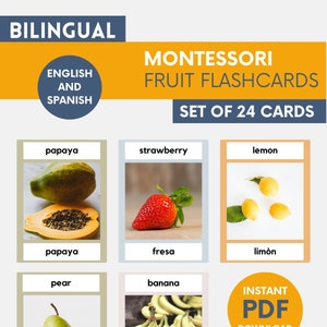 FRUITS - Cartes de langue Montessori, imprimables Montessori, matériel Montessori, cartes en 3 parties, cartes-éclair imprimables, activité préscolaire