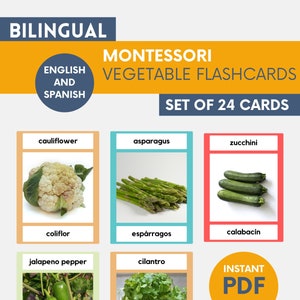 Cartes de langue LÉGUMES-Montessori en anglais et espagnol, cartes de nomenclature, cartes en 3 parties, cartes flash imprimables, cartes flash pour tout-petits