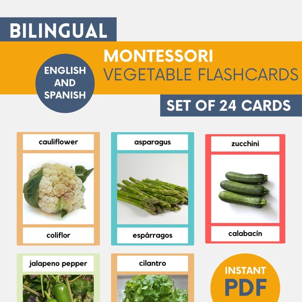 VEGETABLES-Montessori language cards in English and Spanish, nomenclature cards, 3 part cards, printable flashcards, toddler flashcards