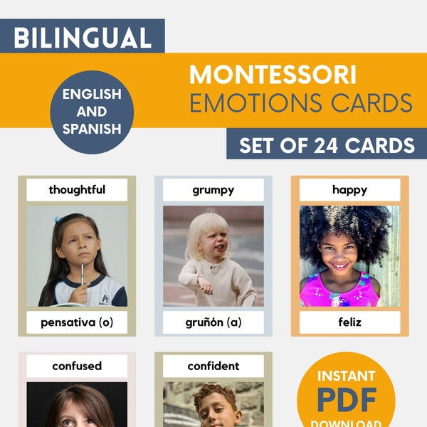 Emotions Montessori flashcards in English and Spanish, printable flashcards, Montessori materials, emotions flashcards, calming down corner