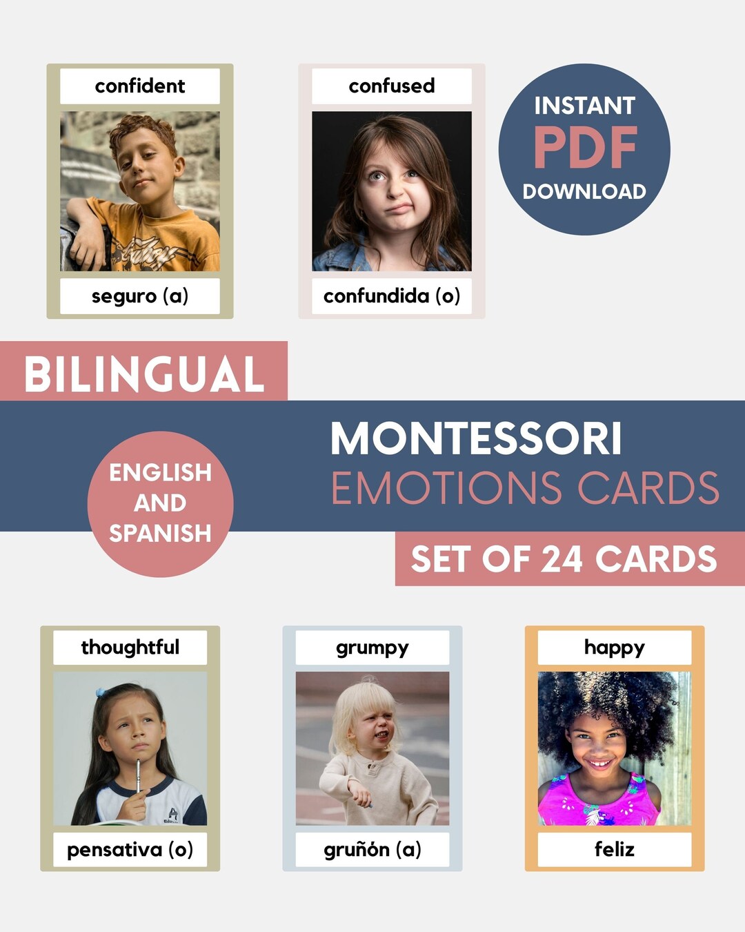 Emotions Montessori Flashcards in English and Spanish Etsy