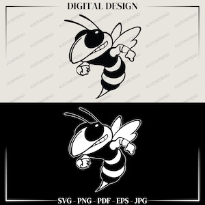 May include: A digital design featuring a black and white cartoon illustration of a smiling bee in a dynamic pose. The bee has striped abdomen and wings. The image includes the text "DIGITAL DESIGN" and file type options: SVG, PNG, PDF, EPS, JPG.