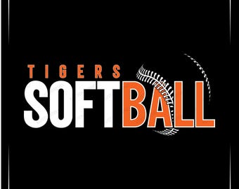 May include: A black and white graphic design with the text "TIGERS SOFTBALL" in white and orange. A white softball with orange stitching is in the background.