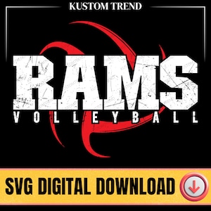 May include: A digital graphic design featuring the word RAMS in large, distressed white block letters, with the word VOLLEYBALL underneath in smaller white text. A red, curved, abstract shape sits behind the text on a black background.