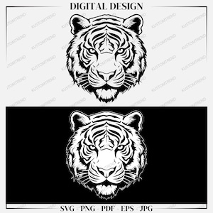May include: A digital design featuring a detailed black and white illustration of a tiger's face. The image includes the text "DIGITAL DESIGN" at the top and file type options: SVG, PNG, PDF, EPS, and JPG at the bottom.