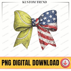 Può includere: Un fiocco digitale con un lato a forma di palla da tennis e l'altro con la bandiera americana. Il fiocco è giallo, rosso, bianco e blu. Il testo "PNG DIGITAL DOWNLOAD" è in basso.
