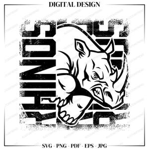 Mascote do espírito de equipe Rhinos, arquivo SVG Cricut Cut, logotipo vetorial de desenho animado, design esportivo, arte de rinoceronte, download digital instantâneo PNG para artesanato