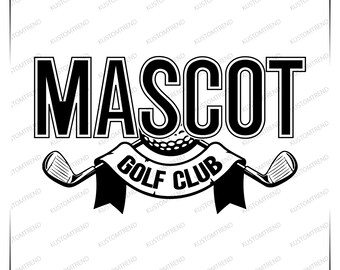 May include: Black and white digital design featuring the word "MASCOT" above a golf ball and banner that reads "GOLF CLUB". Two golf clubs are on either side of the banner. The words "DIGITAL DESIGN" are at the top.
