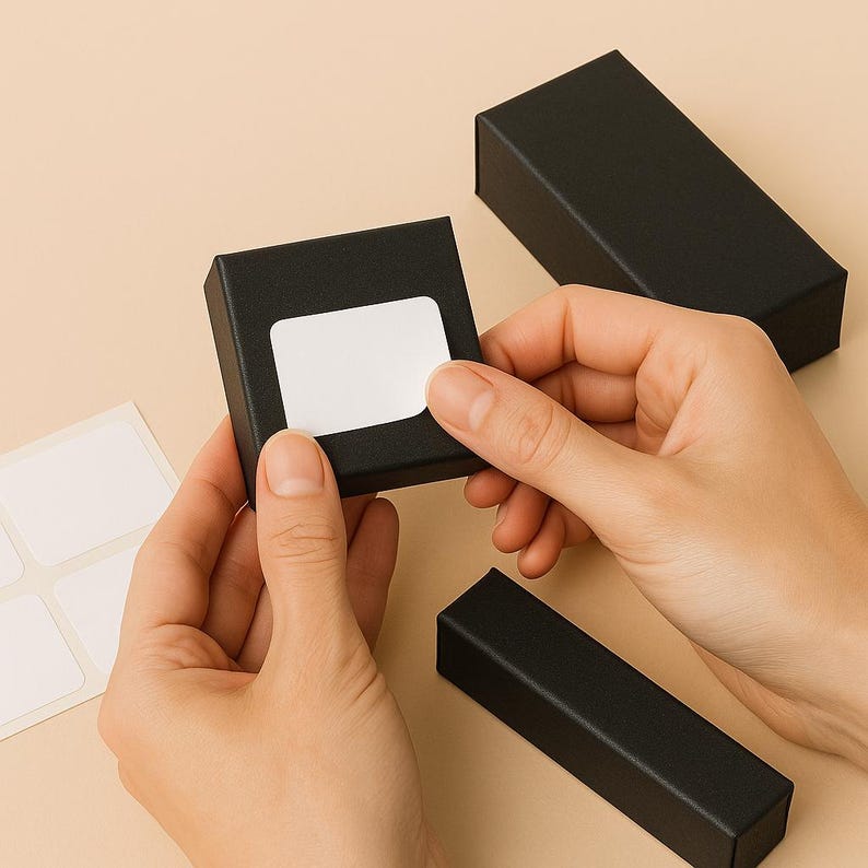 May include: A person is holding a small black box with a white label. Other black boxes and white labels are on a beige surface. The boxes are rectangular and appear to be for packaging small items.