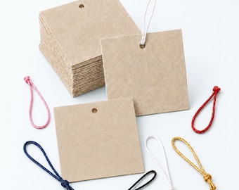 Kraft Hang Tags with Elastic String in Quality Light Brown Paperboard, 2x2" 50 Pack