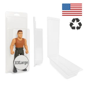 May include: Clear plastic display case with a removable front panel. The case is designed to hold an action figure. The action figure is a man with brown hair and a brown shirt. The case has the text "XXLarge" printed on it.