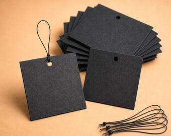 Black Hang Tags with Elastic String, 2x2" Pearl Luxury Card Stock, 50 Pack