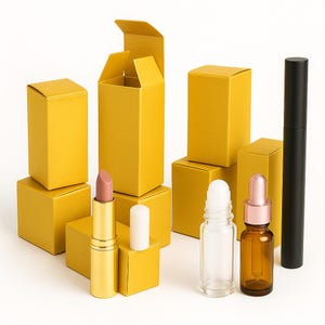May include: An assortment of beauty products, including a lipstick, a roller bottle, a dropper bottle, and a mascara, are displayed with several yellow boxes. The lipstick has a gold tube and a nude color. The mascara is black.