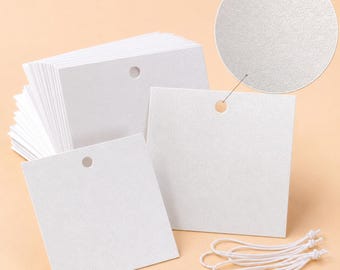 White Hang Tags with Elastic String in Pearl Card Stock, 2x2" 50 Pack
