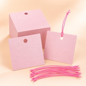 May include: A stack of square light pink paper tags with a single circular hole at the top centre. One tag is detached and placed in front, while another is attached to a thin pink elastic cord with a knot. Several loose pink elastic cords are below.
