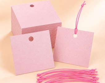Pink Hang Tags with Elastic String, 2x2" Pearl Luxury Card Stock, 50 Pack