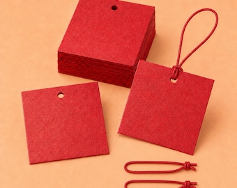 Red Hang Tags with Elastic String, 2x2" Pearl Luxury Card Stock, 50 Pack