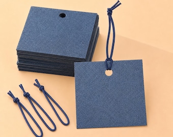 Blue Hang Tags with Elastic String, 2x2" Pearl Luxury Card Stock, 50 Pack