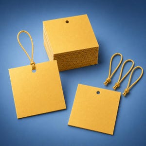 May include: A stack of square gold-colored paper tags with a single hole at the top. One tag is attached to a gold elastic loop, and three additional gold elastic loops are placed separately next to a single loose square gold tag.