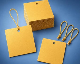 Hang Tags with Elastic String in Gold Pearl Card Stock, 2x2" 50 Pack