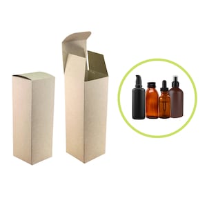 May include: Two brown cardboard boxes with a flap open on one box. The boxes are for packaging products. A circle with a green outline shows four bottles of different sizes and colors. The bottles are for essential oils, serums, or other liquids.
