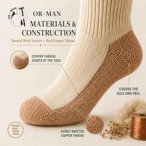 May include: A cream and copper-colored knit sock with text reading OR-MAN MATERIALS & CONSTRUCTION, Natural Wool Texture + Real Copper Thread, Copper thread starts at the toes, Covers the sole and heel, and Evenly knitted copper thread.