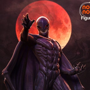 Peut inclure: Une figurine violette avec une cape se tient devant une lune rouge. La figurine porte un masque avec un bec d'oiseau et des yeux rouges brillants. La figurine a une musculature développée et est posée avec un bras levé et l'autre main serrée en poing.