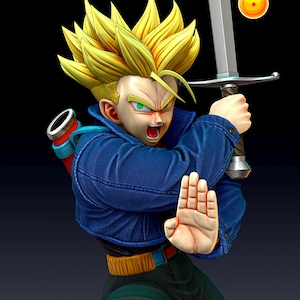 Figura de Trunks Super Saiyan – Dragon Ball | Resina impresa en 3D (pintable) | Arte de fan de DBZ | Ataque con espada | Estatua coleccionable no oficial