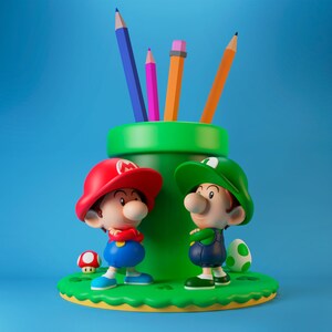Mario & Luigi Pennhållare – 3D-tryckt harts – Övermålningsbar Geek-pennhållare – Dekoration för spelbord – Inofficiell merchandise