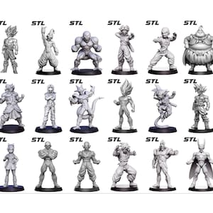 May include: A collection of gray, 3D-printed figurines of various characters. Each figure is on a black base and features detailed sculpting. The word "STL" is printed above each figure. The figurines are from a popular anime series.