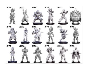 Puede incluir: Una colección de figuras grises impresas en 3D de varios personajes. Cada figura está sobre una base negra y presenta una escultura detallada. La palabra "STL" está impresa encima de cada figura. Las figuras son de una popular serie de anime.