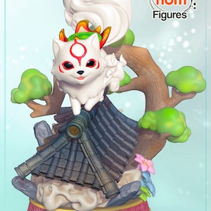 May include: A white fox figurine with red and orange accents, standing on a miniature Japanese-style house with a tiled roof. The fox is surrounded by green trees and pink flowers. The figurine is part of the "Nom Nom Figures" collection.
