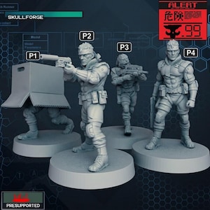 Pode incluir: Quatro miniaturas de soldados cinzentas em bases circulares. Uma figura esconde-se sob uma caixa de cartão, outra aponta com uma pistola, uma terceira segura uma espingarda e a quarta está de pé com uma arma. Etiquetas P1, P2, P3 e P4.