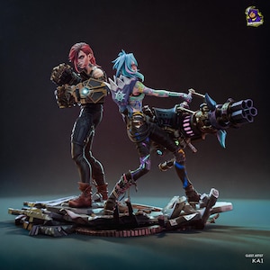 Figurine Jinx – Diorama Arcane – Impression 3D Résine à peindre | Fan Art LoL non officiel | Option Diorama Duo ou Personnage Seul