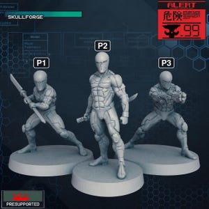 Peut inclure: Trois figurines miniatures grises étiquetées P1, P2 et P3, chacune sur une base circulaire. P1 tient une longue lame, P2 se tient debout avec une épée au fourreau et P3 tient une arme à feu. L'arrière-plan affiche le texte SKULLFORGE et ALERT.