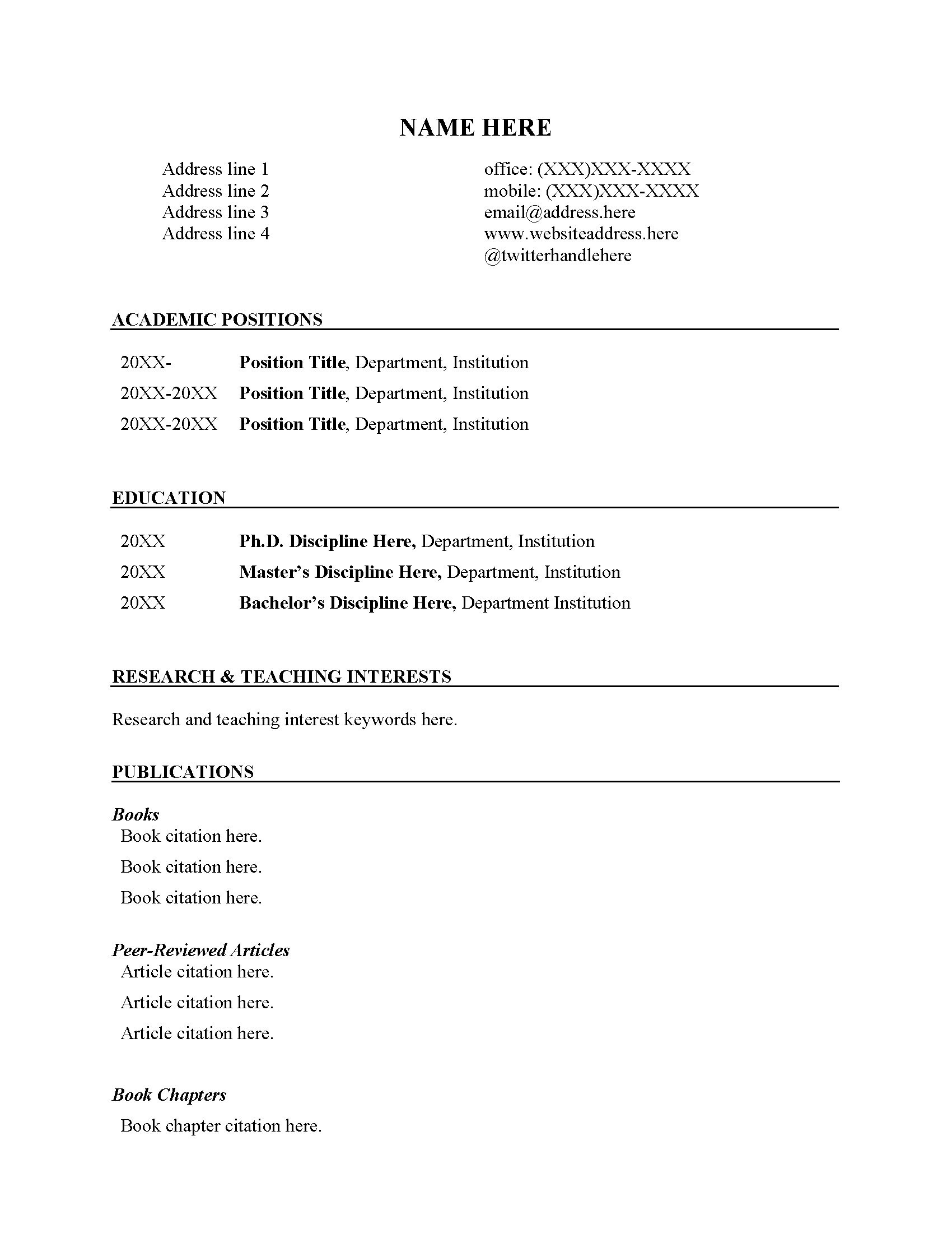 Academic CV Template & Instructions (curriculum Vitae/resume/vita - Lab ...