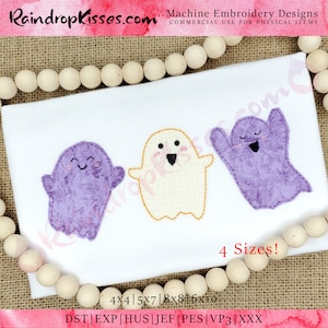 ghost trio applique design,  ghost trio embroidery design, bean stitch applique, vintage applique, machine embroidery design, halloween trio
