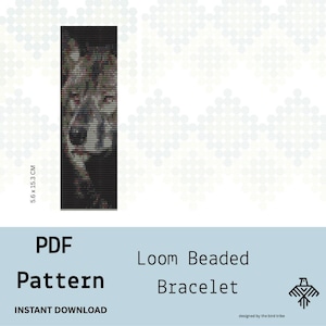 May include: A PDF pattern for a loom beaded bracelet. The design features a detailed image of a wolf's face. The pattern measures 2.2 x 6 inches. The text on the image says "PDF Pattern" and "Loom Beaded Bracelet".