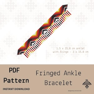 Könnte beinhalten: Ein PDF-Muster für ein Fußkettchen mit Fransen. Das Design zeigt ein geometrisches Muster in schwarzen, roten und gelben Perlen. Der Text auf dem Bild lautet "Fringed Ankle Bracelet" und "Instant Download". Das Armband misst 1,5 x 15,8 cm.
