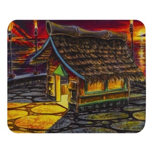 May include: A colourful painting of a tropical hut with a thatched roof, set against a sunset over the ocean. The hut has a bamboo-like structure and is illuminated by warm interior lighting. Tiki torches line the pathway.