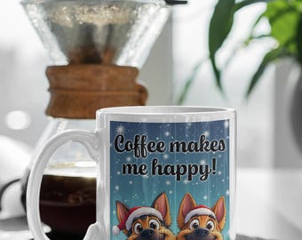 2 glückliche Deutsche Schäferhunde – Kaffee macht mich glücklich – Tasse „Weihnachtsedition“, Geschenk für Hundeliebhaber, Hundetasse, Geschenkidee für Hundebesitzer