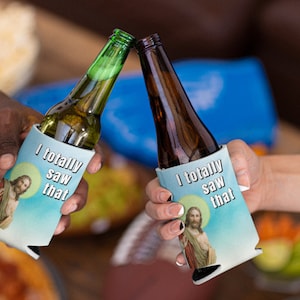 I saw that Jesus can bottle koozie.  funny can koozie, stocking stuffer, sarcastic can cooler, handcrafted gifts, beer huggies, beer sleeve
