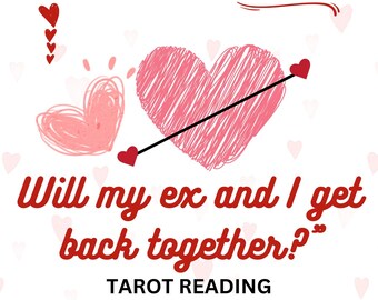 May include: A pink and red heart illustration with an arrow through it. The text "Will my ex and I get back together?" is written in red. Below the text is the phrase "Tarot Reading" in red. A purple circle with a hand and eye graphic is below the text. The text "Sol Destined Encounter" is written around the circle.