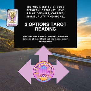 Może przedstawiać: Obraz promujący 3 Opcje Czytania Tarota. Obraz przedstawia drogę ze strzałkami wskazującymi w trzech kierunkach, kartę tarota i tekst "Czy musisz wybierać między opcjami? Miłość, związki, kariera, duchowość i więcej."