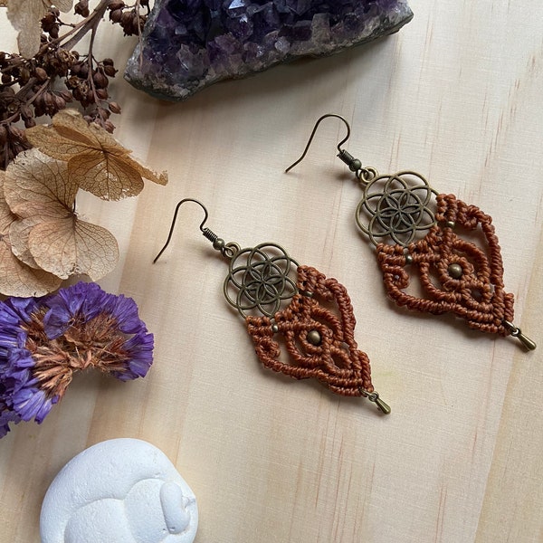 customizable macrame boho gypsy flower of life seed of life sacred geometry earrings antiqued bronze many string colors available!