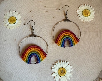 Boho Macrame Rainbow Hoop Earrings: Hypoallergenic Metal