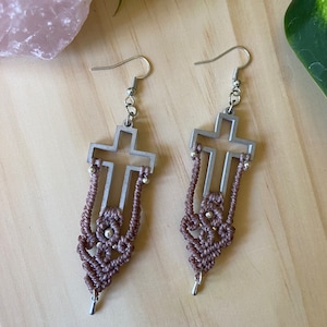 customizable macrame boho cross earrings customizable many string colors available!